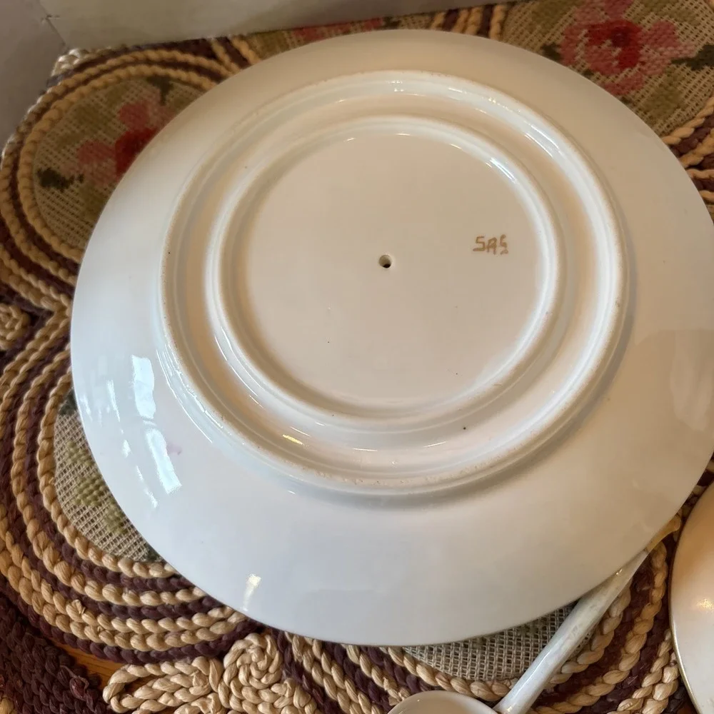 Antique Porcelain Covered Cream Soup Bowl Fruit Attached Under Plate Ladle‎ Gilt